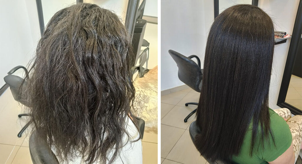 Antes y después de un Alisado perfecto hecho por Peluquería Nieves Blanco Conde. A la izquierda un pelo encrespado, con puntas abiertas y a la derecha un pelo liso brillante con las puntas perfectas.
