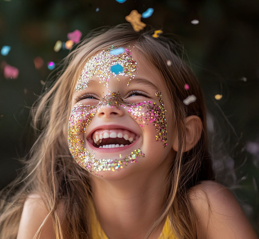 Niña sonriendo en fiesta con confeti y Glitter en todo el rostro,